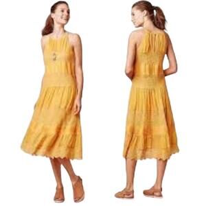 HD in Paris Yellow Tiered Multitextural Midi Sundress Sz XS Boho Cottage Fairy